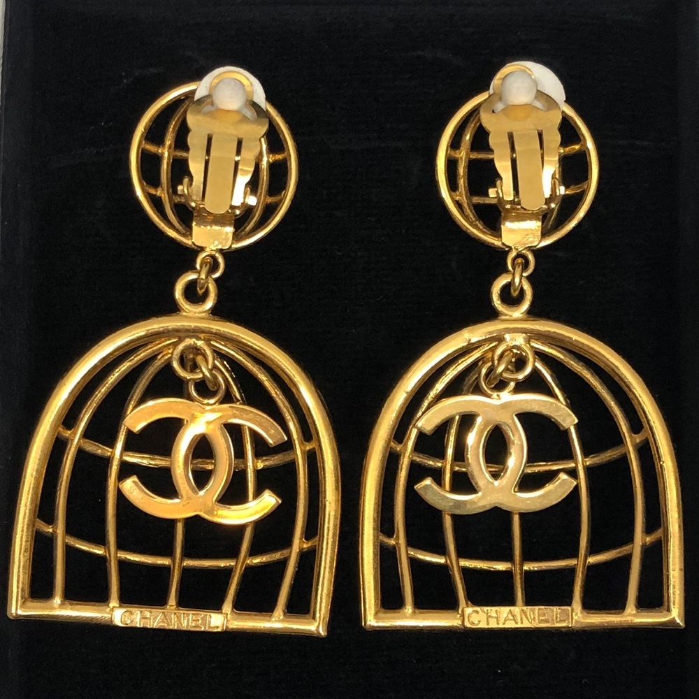 CHANEL Birdcage CC Logo Vintage Gold-Tone Earrings - Picture 7 of 8
